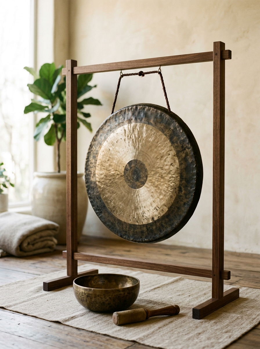 Gong tibetano tradicional y cuenco de bronce sobre madera en ambiente de calma